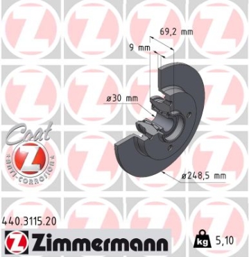 Zimmermann Brake Disc for PEUGEOT 307 Break (3E) rear